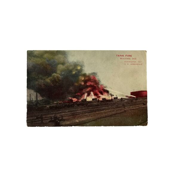 Antique 1907 Litho Ephemera Postcard Tank Fire Whiting IN Posted 1912 Fire Dept - Picture 2 of 7